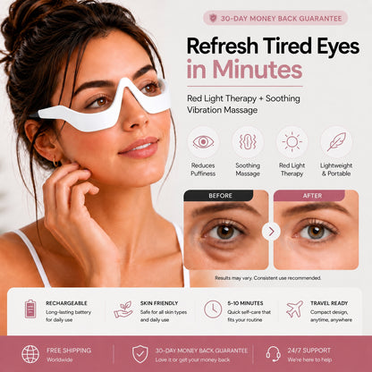 Woman wearing the EyeRevive red light therapy eye massager
